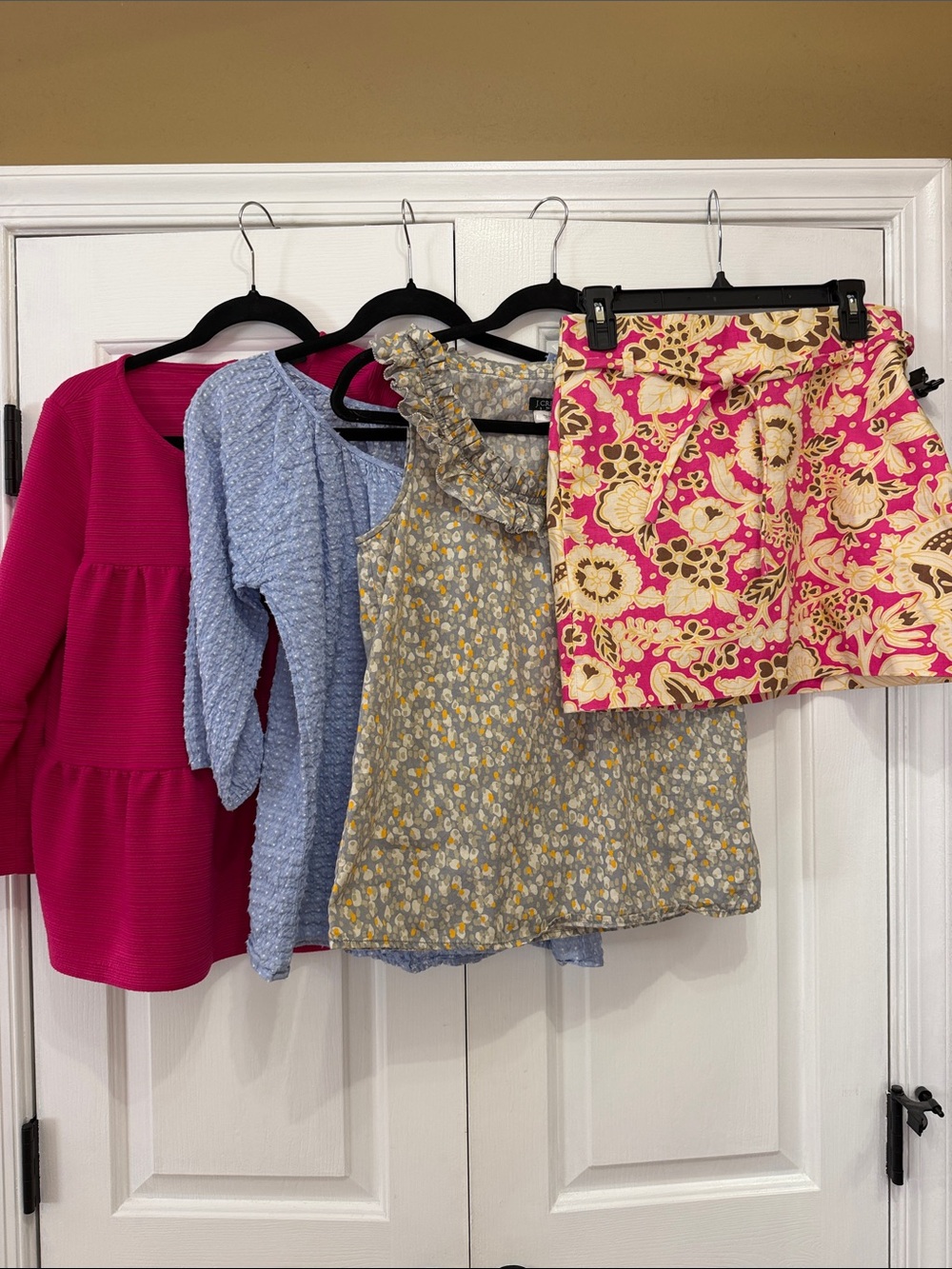 J. Crew bundle Pink Floral Skirt with Blue, Gray and Fuchsia Tops